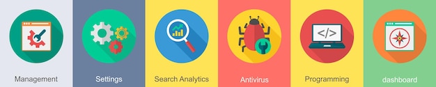 A set of 6 SEO icons as management settings search analytics