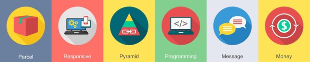 A set of 6 SEO icons as parcel responsive pyramid