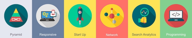 A set of 6 SEO icons as pyramid responsive start up