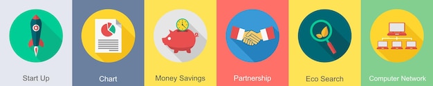 A set of 6 SEO icons as start up chart money savings