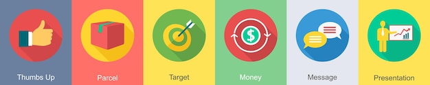 A set of 6 SEO icons as thumbs up parcel target