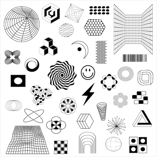 A set of abstract aesthetic geometric isolated y2k elements and frames Vector illustration on a