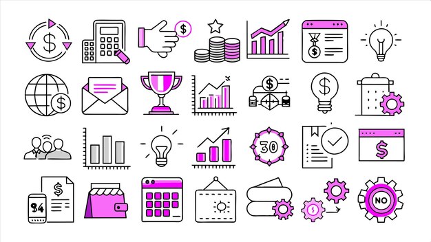 a set of business icons including one that has the word financial on it