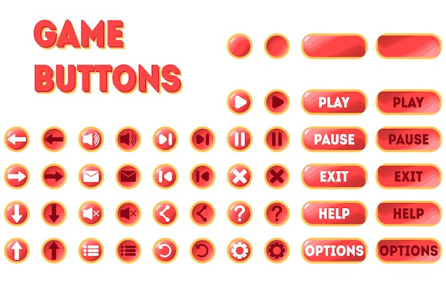 A set of buttons for the game. Two positions - original and pressed. Pause, play, exit, options, help, arrows, rewind, restart, sound, mail, menu and more.