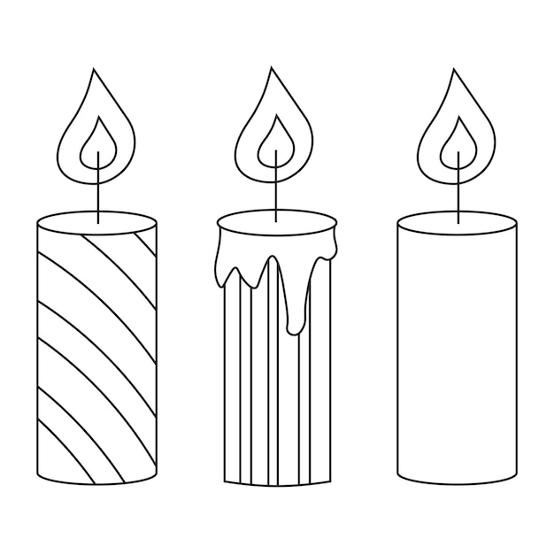 a set of candles with wax and fire line art vector illustration