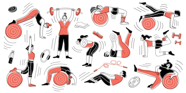 a set of characters of girls practicing in the gym. fitness concepts. exercise training. collection of hand drawn. vector illustration