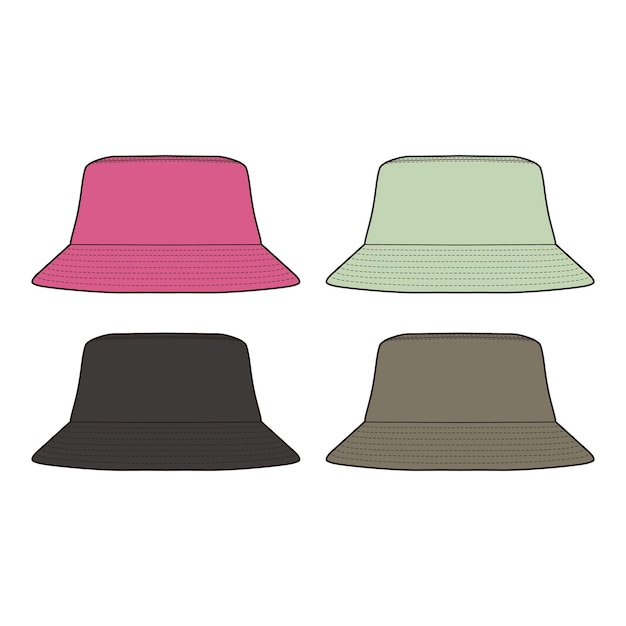 A set of colorful bucket hats in pink green black and brown displayed in a flat frontfacing vi