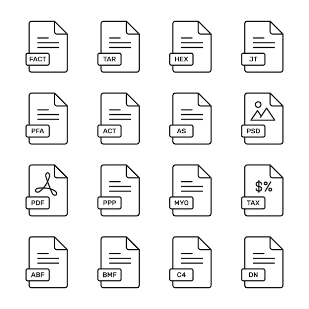 A set of colorful flat line icons representing various file formats