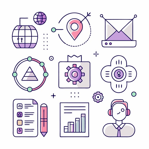 A set of colorful icons representing various business and technology concepts