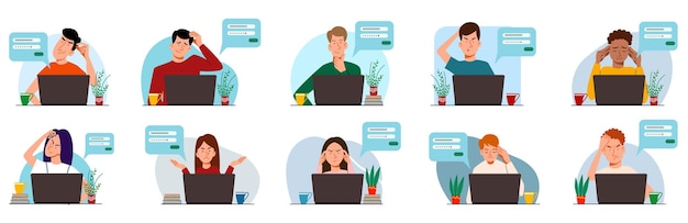 A set of concepts of people thinking on a laptop