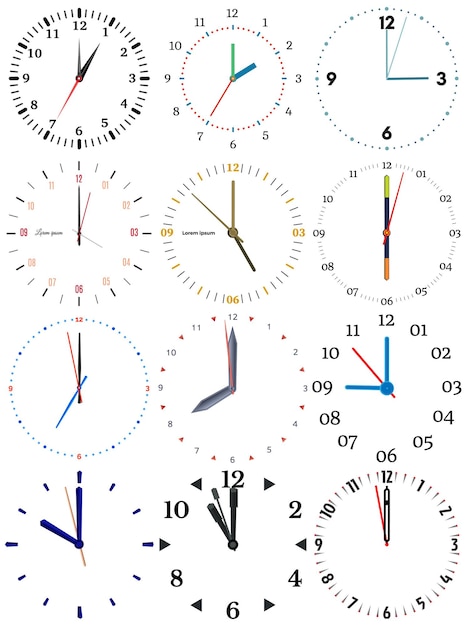 a set of different mechanical clocks with an image of each of the twelve hours clock face on white backgroundxa