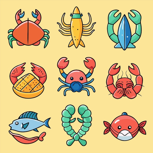 a set of fish and lobster illustrations with a yellow background