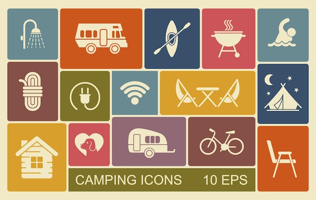 a set of flat icons on the theme of camping and outdoor recreation vector illustration