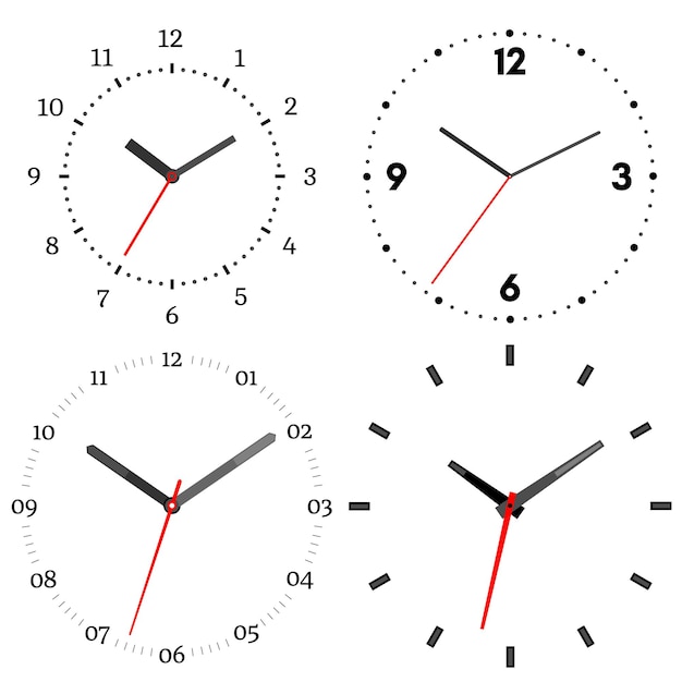 A set of four mechanical clocks. Clock face on white background.