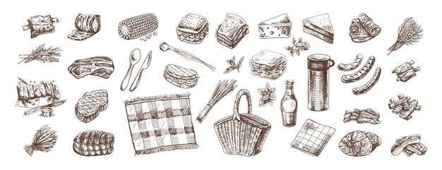 a set of hand drawn sketches of barbecue and picnic elements for design of the menu of restaurants