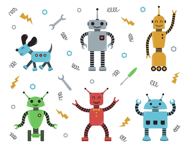 A set of happy cartoon children's robots Cute cyborgs bots androids smiling characters