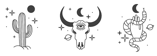 A set of icons wild west elements boho doodle style western with abstraction