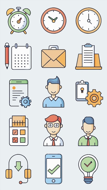 a set of icons with people working in the background