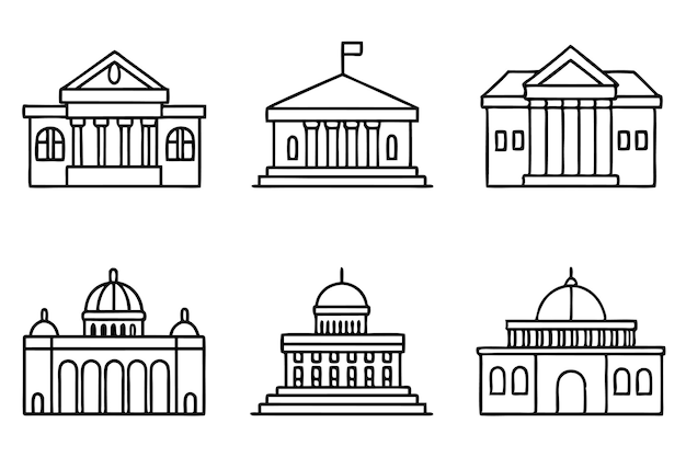 a set of images of buildings and a building with columns and arches