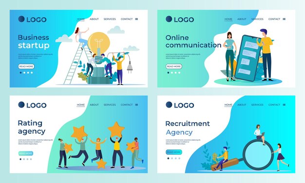 A set of landing page templatesBusiness startup online communications recruitment and rating