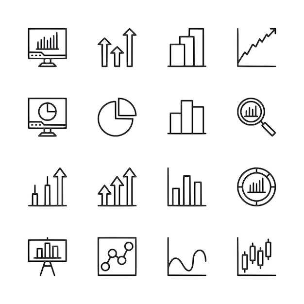 A set of line drawings of graphs and charts