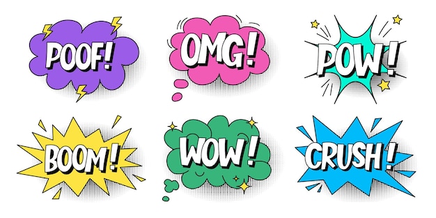 A set of multicolored speech bubbles expressive inscriptions clouds and explosions in a comic style