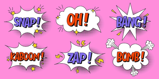 A set of multicolored speech bubbles with expressive inscriptions clouds and explosions in a comic