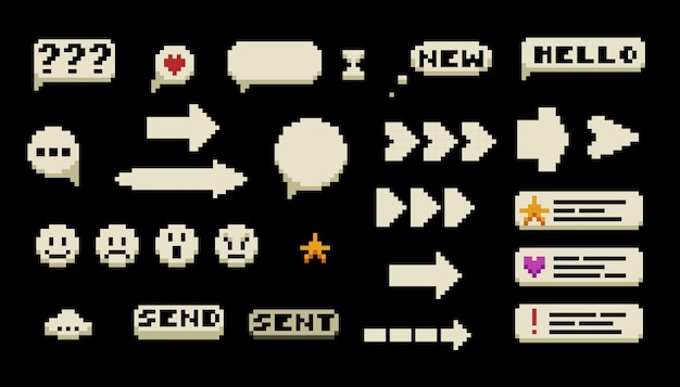 A set of pixels elements Y2k trendy stickers Mood of 90s aesthetics 8bit retro style