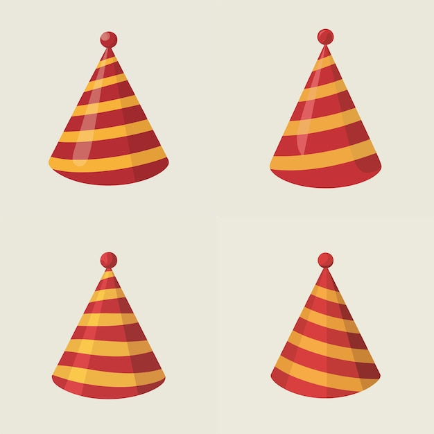 a set of red and yellow hats with a red cap