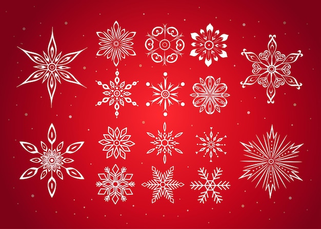 A set of snowflakes White snowflakes on a red background Snowflake templates of various sizes and shapes for design patterns postcards