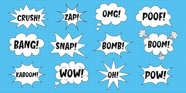 A set of speech bubbles with expressive inscriptions clouds and explosions in a comic style