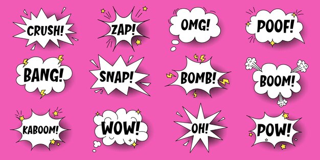 A set of speech bubbles with expressive inscriptions clouds and explosions