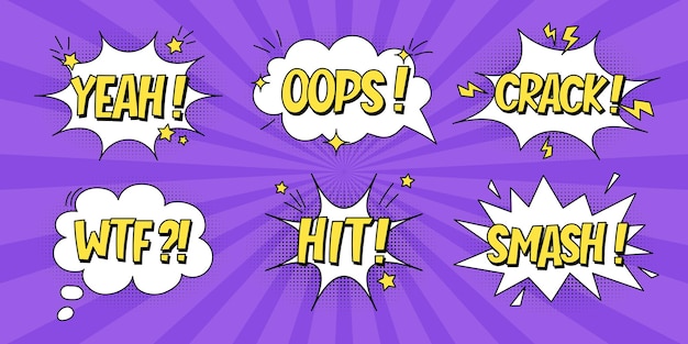 A set of speech bubbles with expressive yellow inscriptions clouds and explosions in a comic style