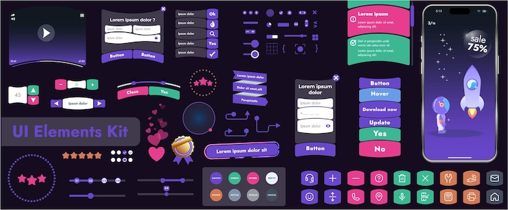 Vektor a set of user interface elements ui kit intended for use in mobile applications and websites it contains a large collection of icons buttons and has cartoonish rounded shapes