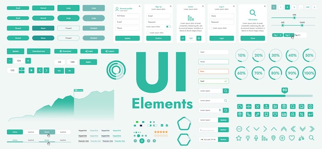 a set of vector buttons and user interface GUI elements designed for modern applications and websites The collection includes buttons for navigation menus forms and control panels