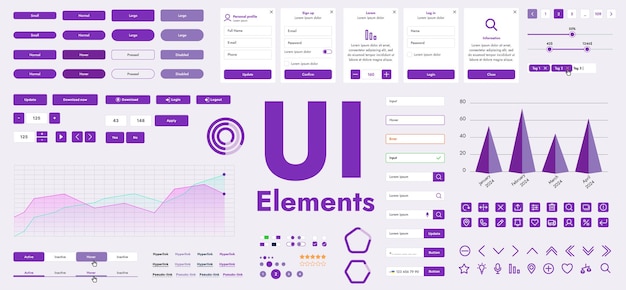 a set of vector buttons and user interface GUI elements designed for modern applications and websites The collection includes buttons for navigation menus forms and control panels