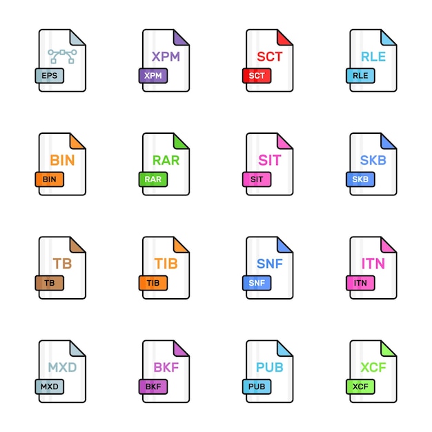 A set of vector icons representing various file formats