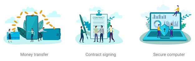 A set of vector illustrations on the topic of business Money transfer Contract signing