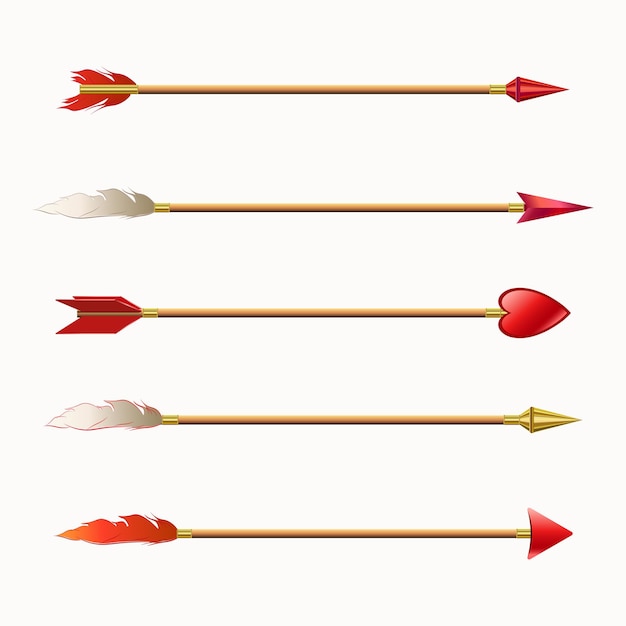 A set of wonderful arrows, gold and red tips with feathers.