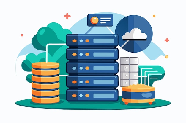 a simple illustration features a backup server database with cloud storage and multiple server stacks backup server database simple illustration