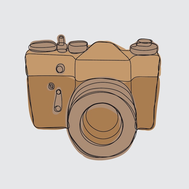 A simple line drawing of a camera in a minimalist style isolated on a gray background.