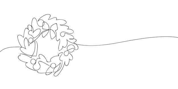 a single line drawing of a christmas wreath with lights continuous line christmas cards icon