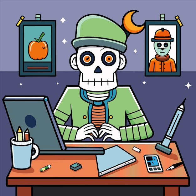 a skeleton sits at a desk with a laptop and a picture of a man working on it