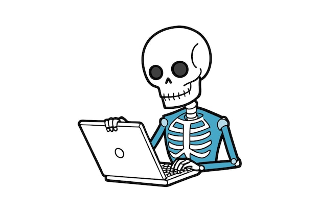 a skeleton sits on a laptop with a skeleton on the screen