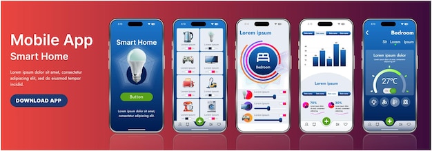 a sleek smart home application interface template featuring modern icons and a gradient design includes navigation menus for managing devices monitoring security controlling temperature