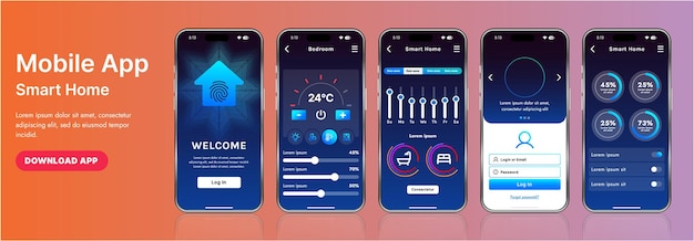 a sleek smart home application interface template featuring modern icons and a gradient design includes navigation menus for managing devices monitoring security controlling temperature