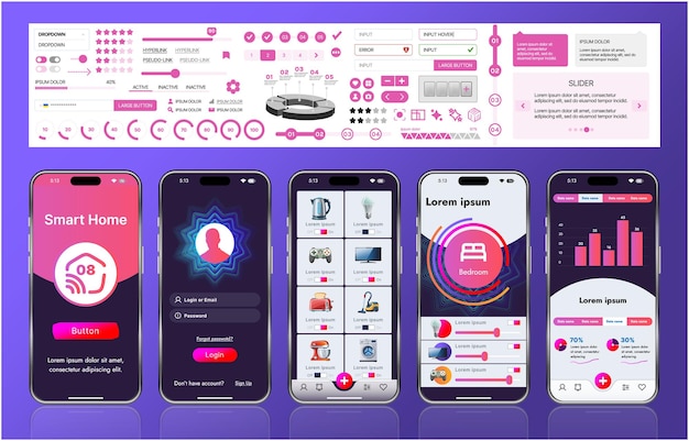 A sleek smart home application interface template featuring modern icons and a gradient