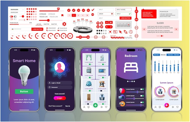 A sleek smart home application interface template featuring modern icons and a gradient