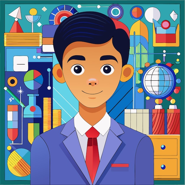 A smiling man in a blue suit with a red tie standing in front of a colorful abstract background