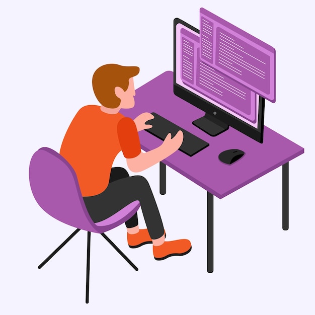 A software employee is working on his computer in the office